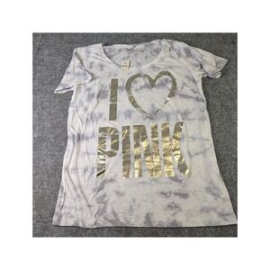 Victoria's Secret PINK Tie Dye Graphic T-Shirt Gray Silver Foil Metallic Medium